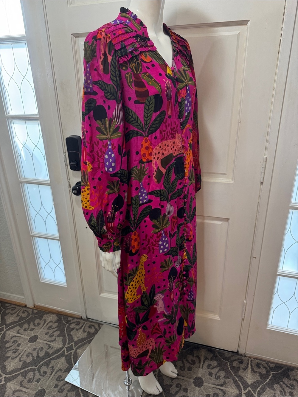 Farm Rio Jungle Print Maxi Dress Womens Pink Leopard Monkey Long Sleeve Sz S - Picture 10 of 16